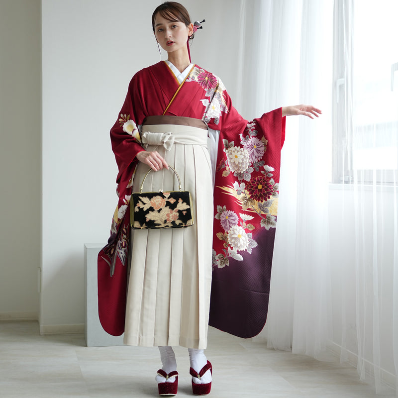 【レンタル】 袴 18点セット 赤と紫のぼかしに八重桜 正絹振袖着物 袴91cm（身長153-158cm） ブーツ着用時165cmまで適応  卒業式 大学生にも（1014651611）