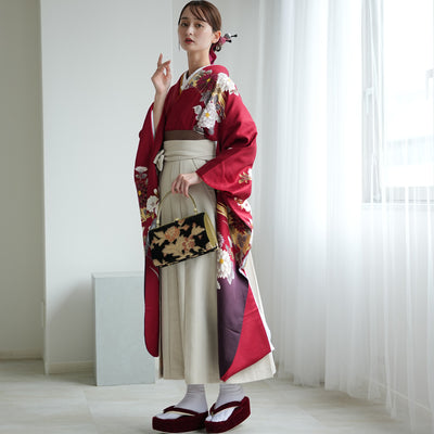 【レンタル】 袴 18点セット 赤と紫のぼかしに八重桜 正絹振袖着物 袴91cm（身長153-158cm） ブーツ着用時165cmまで適応  卒業式 大学生にも（1014651611）