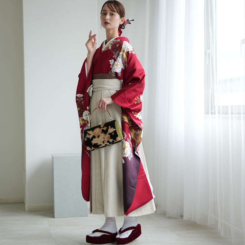 【レンタル】 袴 18点セット 赤と紫のぼかしに八重桜 正絹振袖着物 袴91cm（身長153-158cm） ブーツ着用時165cmまで適応  卒業式 大学生にも（1014651611）