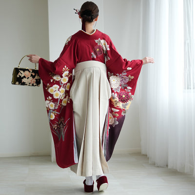 【レンタル】 袴 18点セット 赤と紫のぼかしに八重桜 正絹振袖着物 袴91cm（身長153-158cm） ブーツ着用時165cmまで適応  卒業式 大学生にも（1014651611）