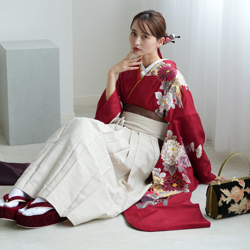 【レンタル】 袴 18点セット 赤と紫のぼかしに八重桜 正絹振袖着物 袴91cm（身長153-158cm） ブーツ着用時165cmまで適応  卒業式 大学生にも（1014651611）