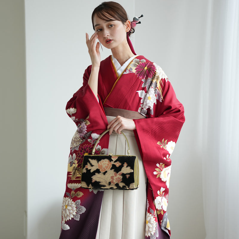 【レンタル】 袴 18点セット 赤と紫のぼかしに八重桜 正絹振袖着物 袴91cm（身長153-158cm） ブーツ着用時165cmまで適応  卒業式 大学生にも（1014651611）