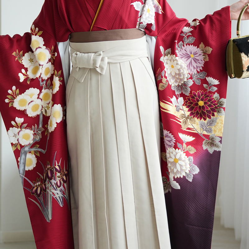 【レンタル】 袴 18点セット 赤と紫のぼかしに八重桜 正絹振袖着物 袴91cm（身長153-158cm） ブーツ着用時165cmまで適応  卒業式 大学生にも（1014651611）