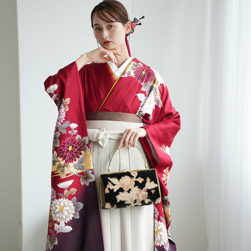 【レンタル】 袴 18点セット 赤と紫のぼかしに八重桜 正絹振袖着物 袴91cm（身長153-158cm） ブーツ着用時165cmまで適応  卒業式 大学生にも（1014651611）