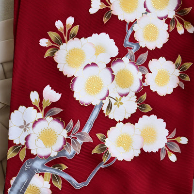 【レンタル】 袴 18点セット 赤と紫のぼかしに八重桜 正絹振袖着物 袴91cm（身長153-158cm） ブーツ着用時165cmまで適応  卒業式 大学生にも（1014651611）