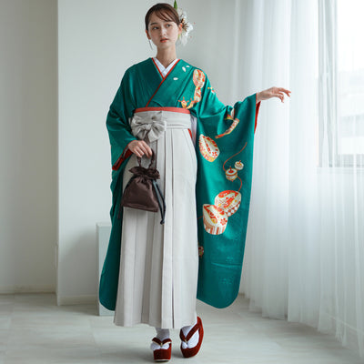 【レンタル】 袴 18点セット ターコイズグリーン宝尽くし 正絹振袖着物 袴91cm（身長153-158cm） ブーツ着用時165cmまで適応  卒業式 大学生にも（1014651711）