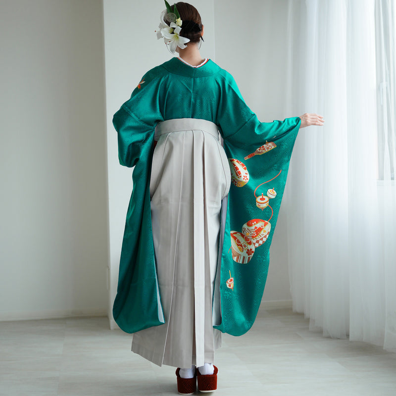 【レンタル】 袴 18点セット ターコイズグリーン宝尽くし 正絹振袖着物 袴91cm（身長153-158cm） ブーツ着用時165cmまで適応  卒業式 大学生にも（1014651711）