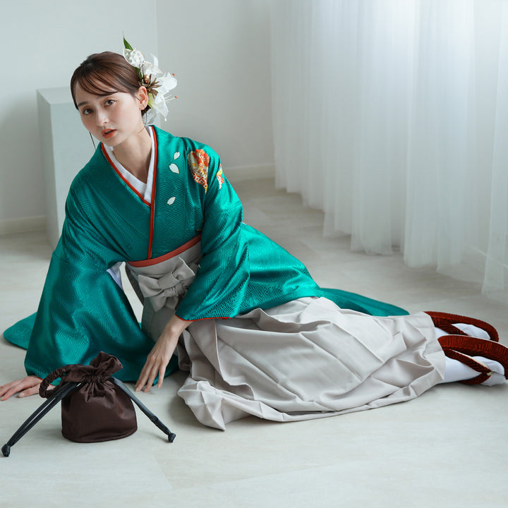 レンタル】 袴 18点セット ターコイズグリーン宝尽くし 正絹振袖着物