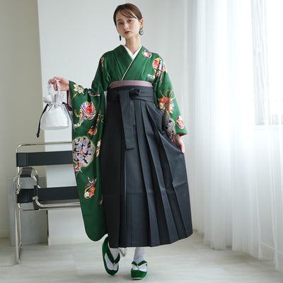 【レンタル】 袴 18点セット クラシカルグリーンの宝尽くし 正絹振袖着物 袴91cm（身長153-158cm） ブーツ着用時165cmまで適応  卒業式 大学生にも（1014651811）
