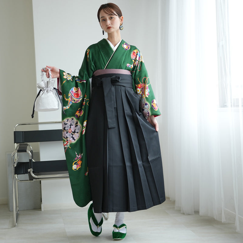 【レンタル】 袴 18点セット クラシカルグリーンの宝尽くし 正絹振袖着物 袴91cm（身長153-158cm） ブーツ着用時165cmまで適応  卒業式 大学生にも（1014651811）