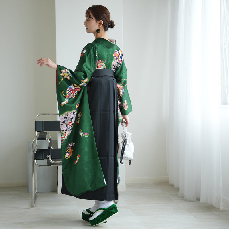 【レンタル】 袴 18点セット クラシカルグリーンの宝尽くし 正絹振袖着物 袴91cm（身長153-158cm） ブーツ着用時165cmまで適応  卒業式 大学生にも（1014651811）