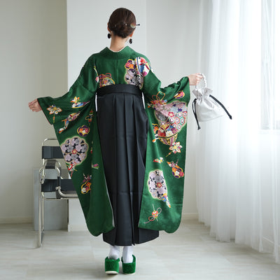 【レンタル】 袴 18点セット クラシカルグリーンの宝尽くし 正絹振袖着物 袴91cm（身長153-158cm） ブーツ着用時165cmまで適応  卒業式 大学生にも（1014651811）