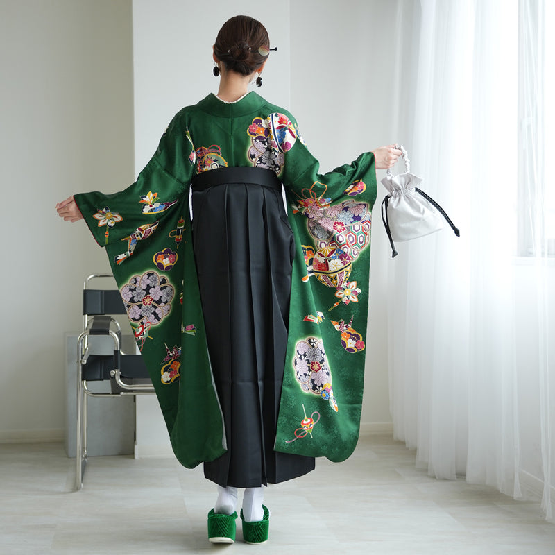 【レンタル】 袴 18点セット クラシカルグリーンの宝尽くし 正絹振袖着物 袴91cm（身長153-158cm） ブーツ着用時165cmまで適応  卒業式 大学生にも（1014651811）