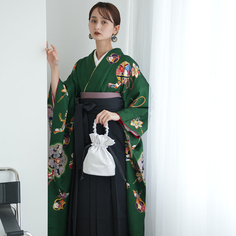 【レンタル】 袴 18点セット クラシカルグリーンの宝尽くし 正絹振袖着物 袴91cm（身長153-158cm） ブーツ着用時165cmまで適応  卒業式 大学生にも（1014651811）