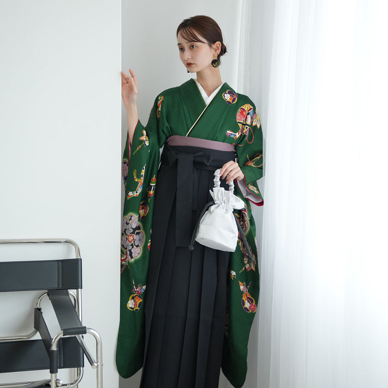 【レンタル】 袴 18点セット クラシカルグリーンの宝尽くし 正絹振袖着物 袴91cm（身長153-158cm） ブーツ着用時165cmまで適応  卒業式 大学生にも（1014651811）