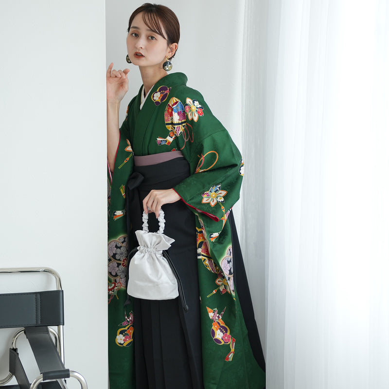 【レンタル】 袴 18点セット クラシカルグリーンの宝尽くし 正絹振袖着物 袴91cm（身長153-158cm） ブーツ着用時165cmまで適応  卒業式 大学生にも（1014651811）