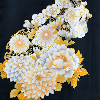 【レンタル】 袴 18点セット 黒地に華やか金彩と古典花 正絹振袖着物 袴91cm（身長153-158cm） ブーツ着用時165cmまで適応  卒業式 大学生にも（1014651911）