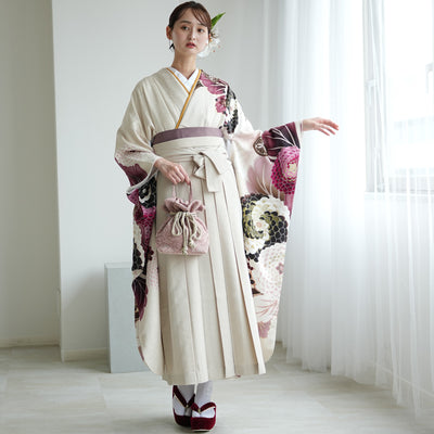 【レンタル】 袴 18点セット きなりに大きな菊 正絹振袖着物 袴91cm（身長153-158cm） ブーツ着用時165cmまで適応  卒業式 大学生にも（1014652211）