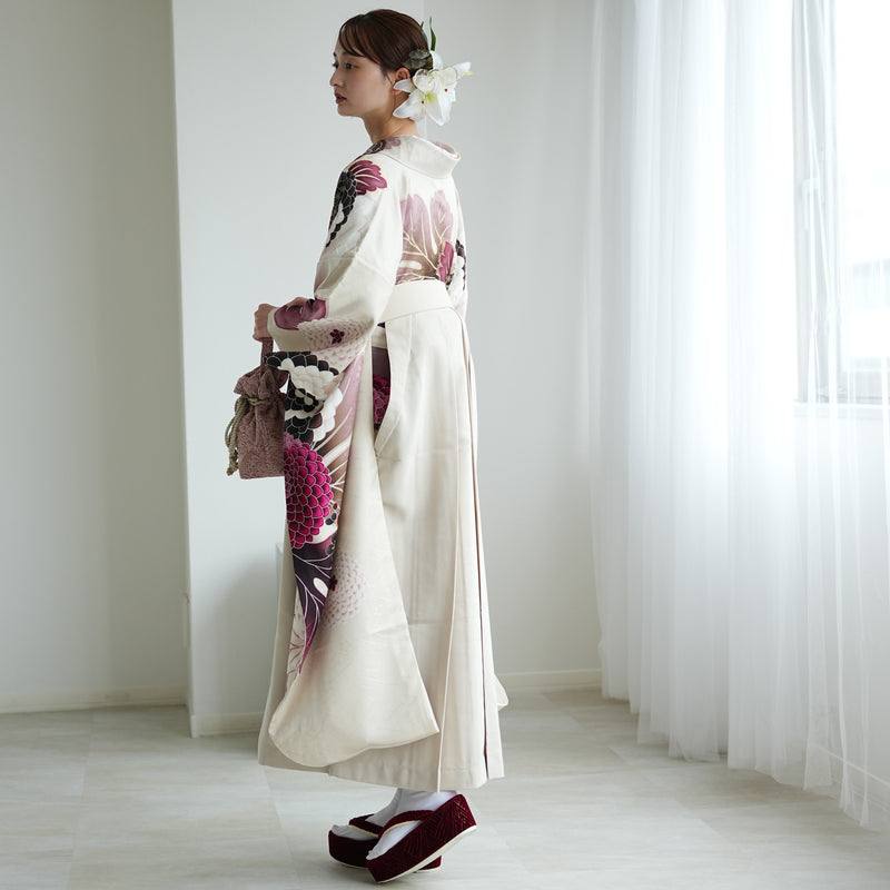 【レンタル】 袴 18点セット きなりに大きな菊 正絹振袖着物 袴91cm（身長153-158cm） ブーツ着用時165cmまで適応  卒業式 大学生にも（1014652211）