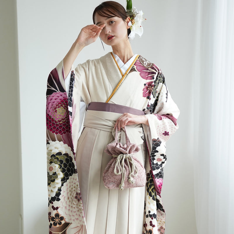 【レンタル】 袴 18点セット きなりに大きな菊 正絹振袖着物 袴91cm（身長153-158cm） ブーツ着用時165cmまで適応  卒業式 大学生にも（1014652211）