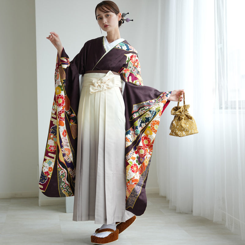【レンタル】 袴 18点セット 黒紫に華やか熨斗目柄 正絹振袖着物 袴91cm（身長153-158cm） ブーツ着用時165cmまで適応  卒業式 大学生にも（1014652311）