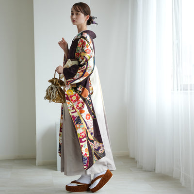 【レンタル】 袴 18点セット 黒紫に華やか熨斗目柄 正絹振袖着物 袴91cm（身長153-158cm） ブーツ着用時165cmまで適応  卒業式 大学生にも（1014652311）