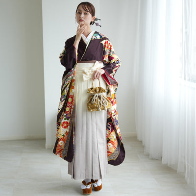 【レンタル】 袴 18点セット 黒紫に華やか熨斗目柄 正絹振袖着物 袴91cm（身長153-158cm） ブーツ着用時165cmまで適応  卒業式 大学生にも（1014652311）