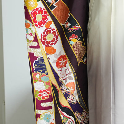 【レンタル】 袴 18点セット 黒紫に華やか熨斗目柄 正絹振袖着物 袴91cm（身長153-158cm） ブーツ着用時165cmまで適応  卒業式 大学生にも（1014652311）