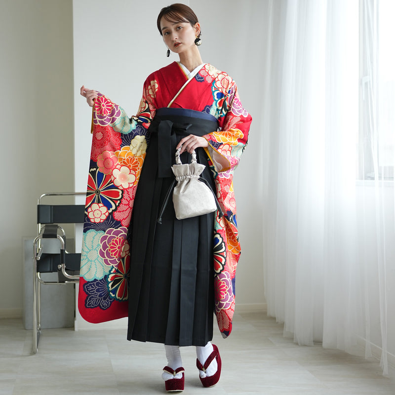 【レンタル】 袴 18点セット 赤の菊づくし 正絹振袖着物 袴91cm（身長153-158cm） ブーツ着用時165cmまで適応  卒業式 大学生にも（1014652411）