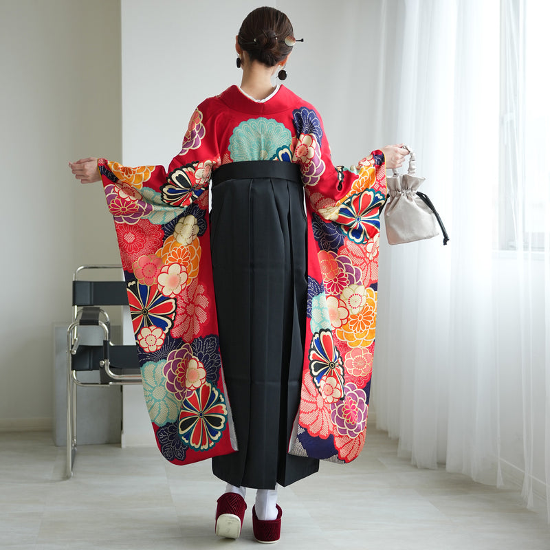 【レンタル】 袴 18点セット 赤の菊づくし 正絹振袖着物 袴91cm（身長153-158cm） ブーツ着用時165cmまで適応  卒業式 大学生にも（1014652411）