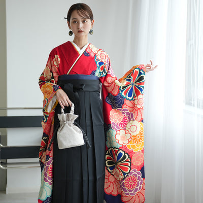 【レンタル】 袴 18点セット 赤の菊づくし 正絹振袖着物 袴91cm（身長153-158cm） ブーツ着用時165cmまで適応  卒業式 大学生にも（1014652411）