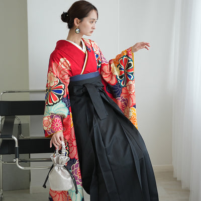 【レンタル】 袴 18点セット 赤の菊づくし 正絹振袖着物 袴91cm（身長153-158cm） ブーツ着用時165cmまで適応  卒業式 大学生にも（1014652411）