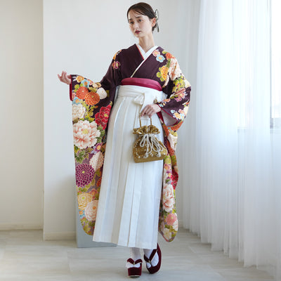 【レンタル】 袴 18点セット レトロ紫ぼかしに古典花 正絹振袖着物 袴91cm（身長153-158cm） ブーツ着用時165cmまで適応  卒業式 大学生にも（1014652511）