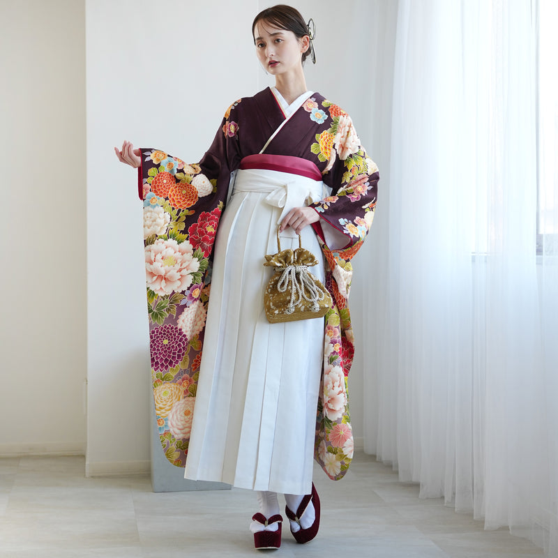 【レンタル】 袴 18点セット レトロ紫ぼかしに古典花 正絹振袖着物 袴91cm（身長153-158cm） ブーツ着用時165cmまで適応  卒業式 大学生にも（1014652511）