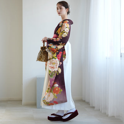 【レンタル】 袴 18点セット レトロ紫ぼかしに古典花 正絹振袖着物 袴91cm（身長153-158cm） ブーツ着用時165cmまで適応  卒業式 大学生にも（1014652511）
