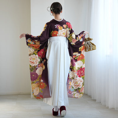 【レンタル】 袴 18点セット レトロ紫ぼかしに古典花 正絹振袖着物 袴91cm（身長153-158cm） ブーツ着用時165cmまで適応  卒業式 大学生にも（1014652511）