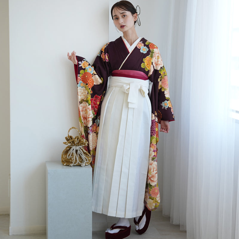 【レンタル】 袴 18点セット レトロ紫ぼかしに古典花 正絹振袖着物 袴91cm（身長153-158cm） ブーツ着用時165cmまで適応  卒業式 大学生にも（1014652511）