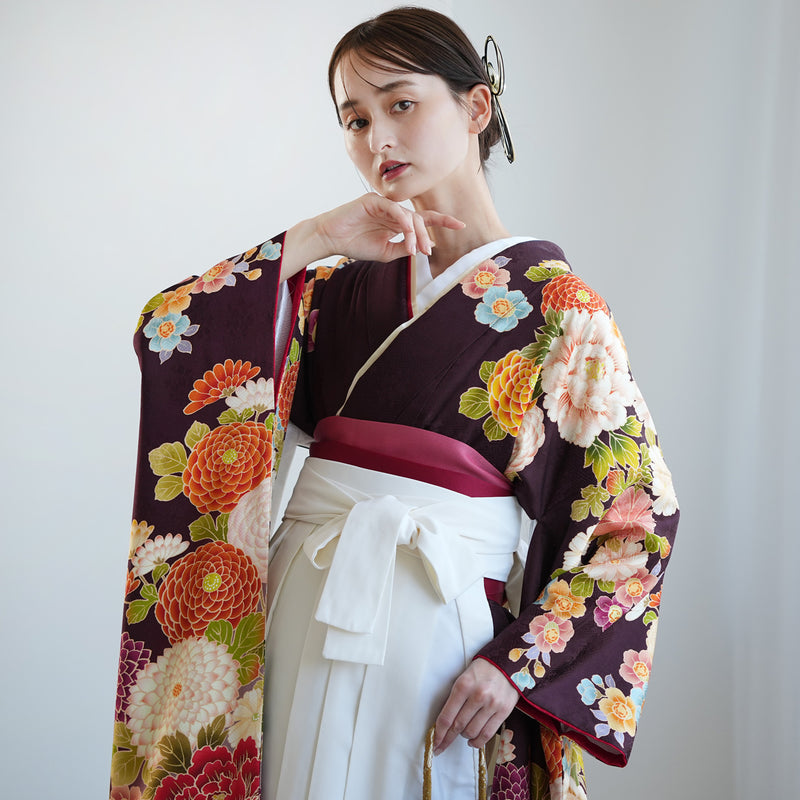 【レンタル】 袴 18点セット レトロ紫ぼかしに古典花 正絹振袖着物 袴91cm（身長153-158cm） ブーツ着用時165cmまで適応  卒業式 大学生にも（1014652511）