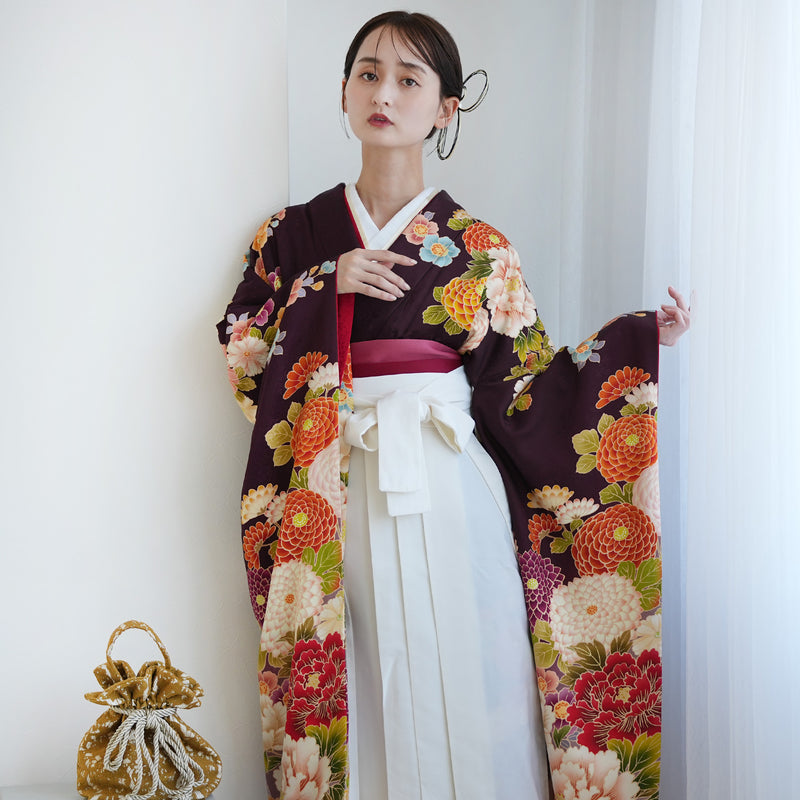【レンタル】 袴 18点セット レトロ紫ぼかしに古典花 正絹振袖着物 袴91cm（身長153-158cm） ブーツ着用時165cmまで適応  卒業式 大学生にも（1014652511）