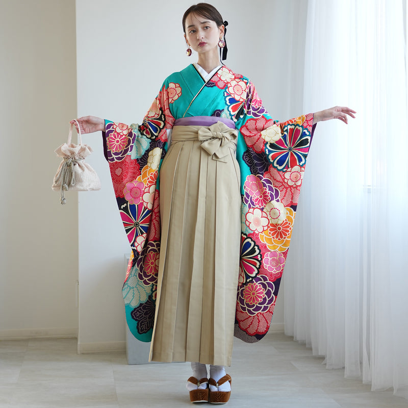 【レンタル】 袴 18点セット レトロ水色の菊づくし 正絹振袖着物 袴91cm（身長153-158cm） ブーツ着用時165cmまで適応  卒業式 大学生にも（1014652611）