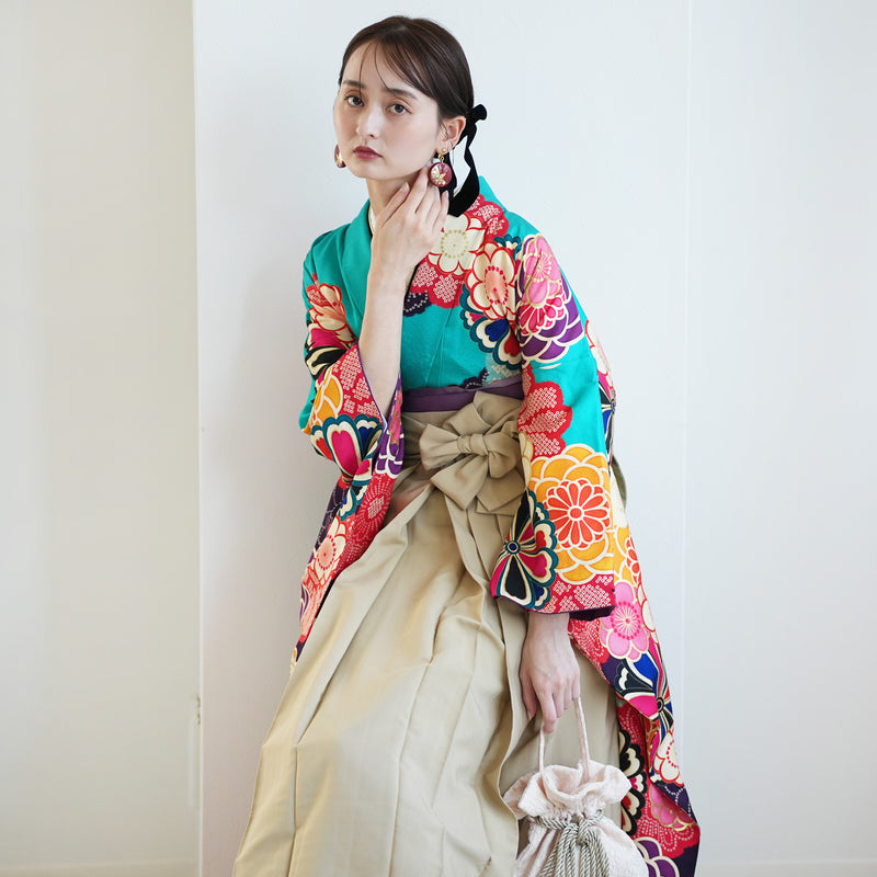 【レンタル】 袴 18点セット レトロ水色の菊づくし 正絹振袖着物 袴91cm（身長153-158cm） ブーツ着用時165cmまで適応  卒業式 大学生にも（1014652611）