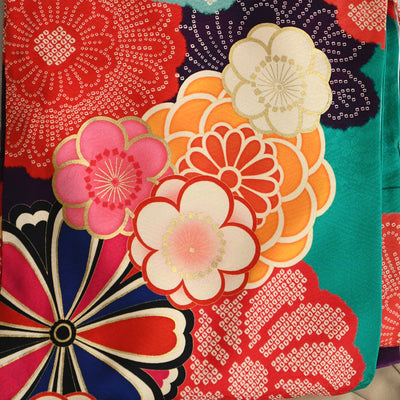 【レンタル】 袴 18点セット レトロ水色の菊づくし 正絹振袖着物 袴91cm（身長153-158cm） ブーツ着用時165cmまで適応  卒業式 大学生にも（1014652611）