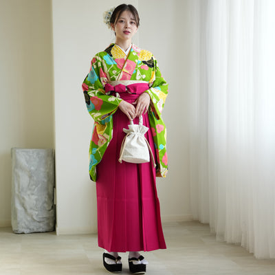 【レンタル】紅一点 2尺袖 袴 17点セット 91-99cm 日本製 レトロモダン系 菊 黄緑系（1020600101）