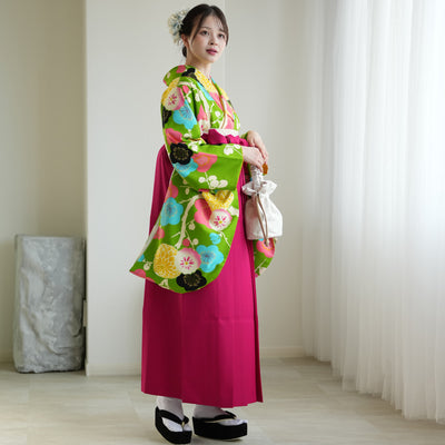 【レンタル】紅一点 2尺袖 袴 17点セット 91-99cm 日本製 レトロモダン系 菊 黄緑系（1020600101）