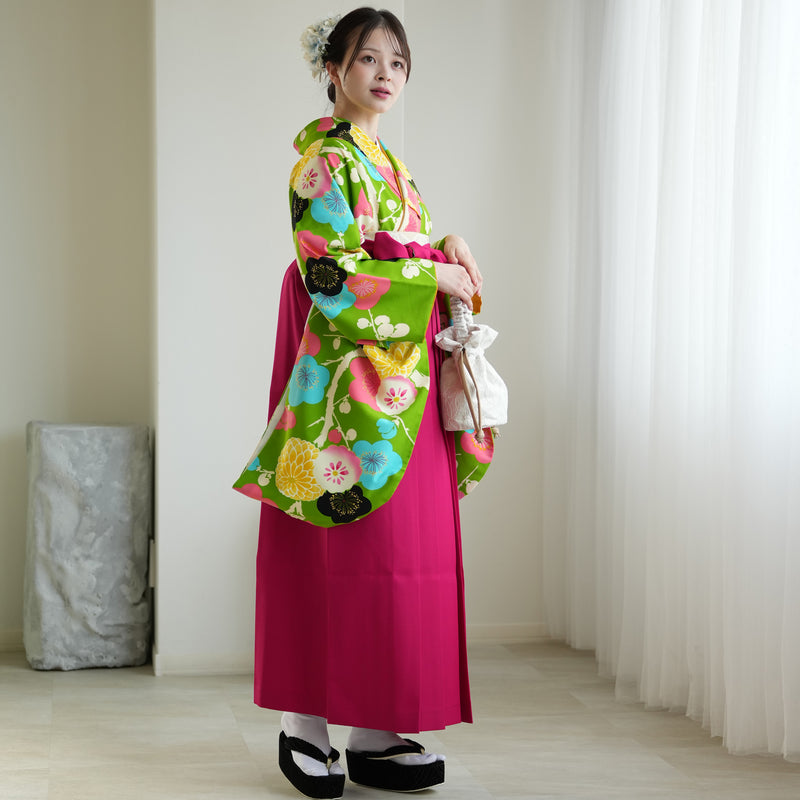 【レンタル】紅一点 2尺袖 袴 17点セット 91-99cm 日本製 レトロモダン系 菊 黄緑系（1020600101）