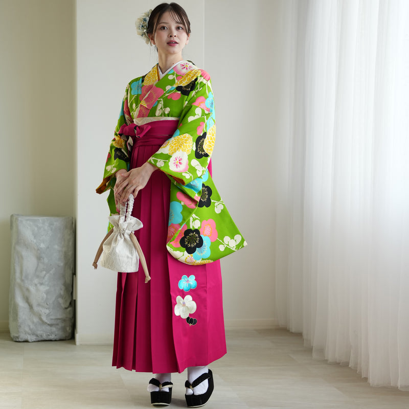 【レンタル】紅一点 2尺袖 袴 17点セット 91-99cm 日本製 レトロモダン系 菊 黄緑系（1020600101）