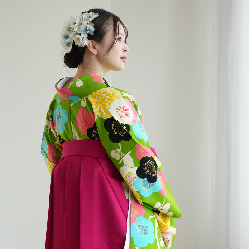 【レンタル】紅一点 2尺袖 袴 17点セット 91-99cm 日本製 レトロモダン系 菊 黄緑系（1020600101）