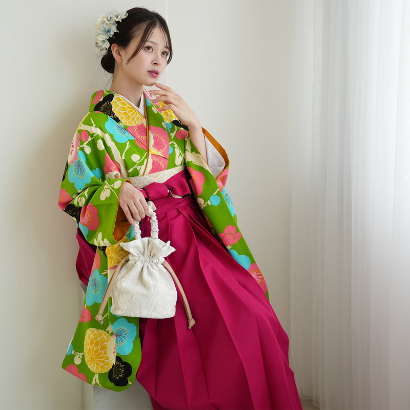 【レンタル】紅一点 2尺袖 袴 17点セット 91-99cm 日本製 レトロモダン系 菊 黄緑系（1020600101）