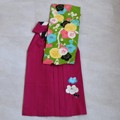 【レンタル】紅一点 2尺袖 袴 17点セット 91-99cm 日本製 レトロモダン系 菊 黄緑系（1020600101）
