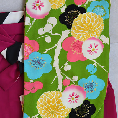 【レンタル】紅一点 2尺袖 袴 17点セット 91-99cm 日本製 レトロモダン系 菊 黄緑系（1020600101）
